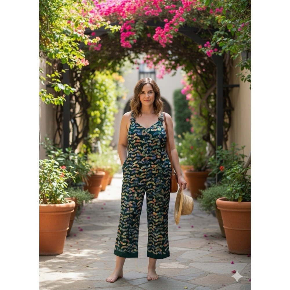 Kemi OOAK Handmade Cotton Jumpsuit M Lagenlook Green Abstract Print‎ Wide Leg